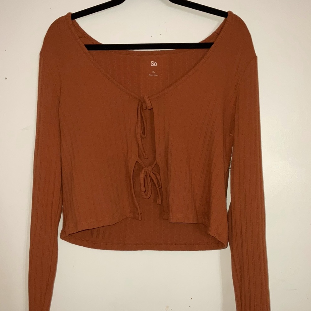 Brown Luxe Long Sleeve Tie Front Top